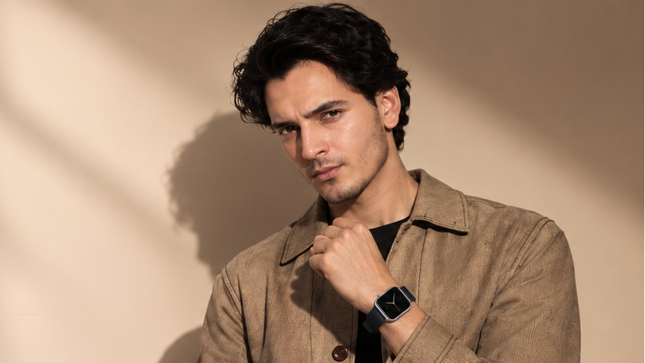 A man wearing a brown textured jacket over a black shirt and black pants, sitting against a beige wall with dramatic shadows. He is wearing a black smartwatch on his wrist.